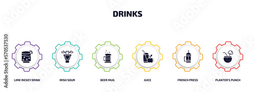 drinks infographic element with filled icons and 6 step or option. drinks icons such as lime rickey drink, irish sour, beer mug, juice, french press, planter's punch vector.