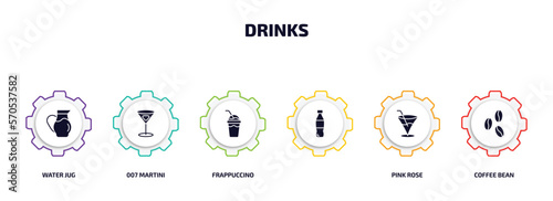 drinks infographic element with filled icons and 6 step or option. drinks icons such as water jug, 007 martini, frappuccino, , pink rose, coffee bean vector.