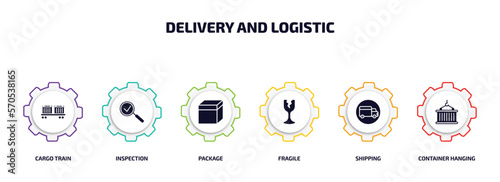 delivery and logistic infographic element with filled icons and 6 step or option. delivery and logistic icons such as cargo train, inspection, package, fragile, shipping, container hanging vector.