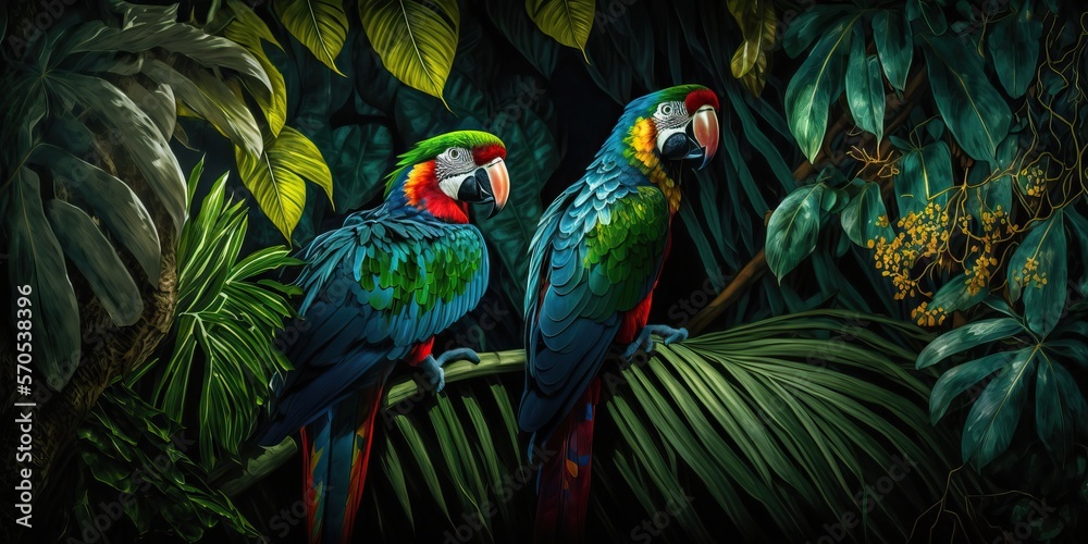 Fototapeta premium parrots enjoying the jungle, generative ai