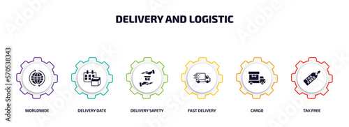 delivery and logistic infographic element with filled icons and 6 step or option. delivery and logistic icons such as worldwide, delivery date, safety, fast cargo, tax free vector.