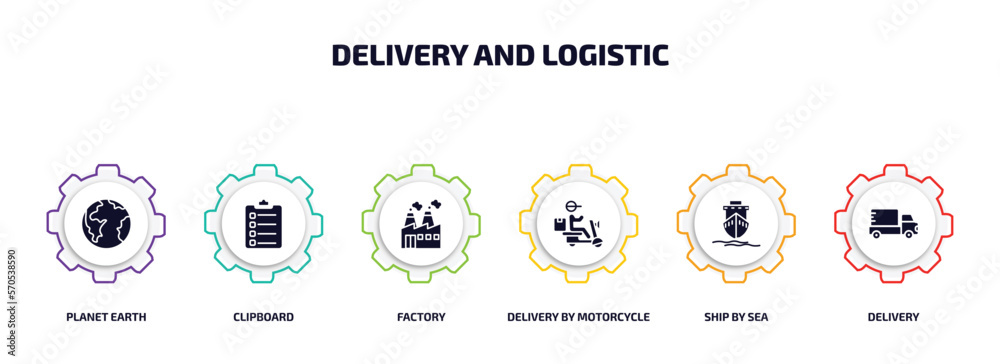 delivery and logistic infographic element with filled icons and 6 step or option. delivery and logistic icons such as planet earth, clipboard, factory, delivery by motorcycle, ship by sea, vector.