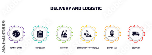delivery and logistic infographic element with filled icons and 6 step or option. delivery and logistic icons such as planet earth, clipboard, factory, delivery by motorcycle, ship by sea, vector.