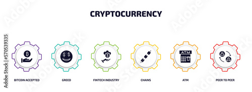 cryptocurrency infographic element with filled icons and 6 step or option. cryptocurrency icons such as bitcoin accepted, greed, fintech industry, chains, atm, peer to peer vector.