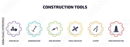 construction tools infographic element with filled icons and 6 step or option. construction tools icons such as road roller, gardening rake, iron soldering, pencil and ruler, clipper, road