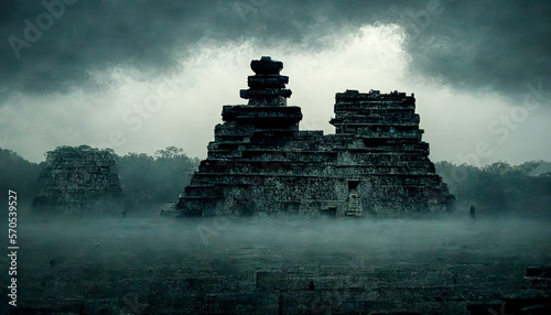 A mystical and evil image of Mayan buildings and sanctuaries, obscuring the mist. An enchanting atmosphere filled with secrets and history. A sacred and intriguing place. Generative AI