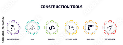 construction tools infographic element with filled icons and 6 step or option. construction tools icons such as hammer and nail, roof, plumbing, nuts and bolts, hand drill, repair pliers vector.