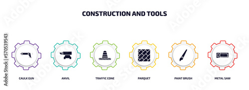 construction and tools infographic element with filled icons and 6 step or option. construction and tools icons such as caulk gun, anvil, traffic cone, parquet, paint brush, metal saw vector.