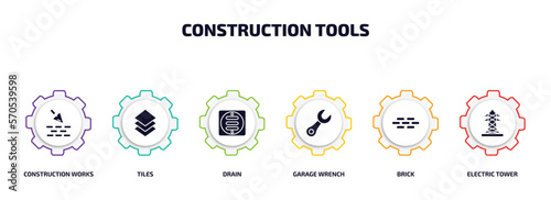 construction tools infographic element with filled icons and 6 step or option. construction tools icons such as construction works, tiles, drain, garage wrench, brick, electric tower vector.