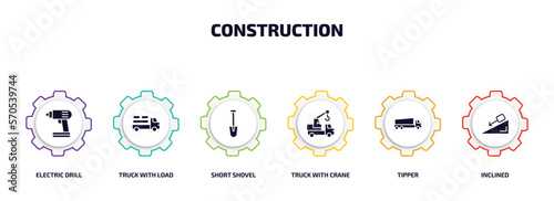 construction infographic element with filled icons and 6 step or option. construction icons such as electric drill, truck with load, short shovel, truck with crane, tipper, inclined vector.