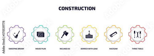 construction infographic element with filled icons and 6 step or option. construction icons such as sweeping broom, house plan, inclined ax, derrick with load, hacksaw, three tools vector.