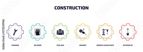 construction infographic element with filled icons and 6 step or option. construction icons such as spanner, big door, tool bag, grinder, derrick facing right, interior de vector.
