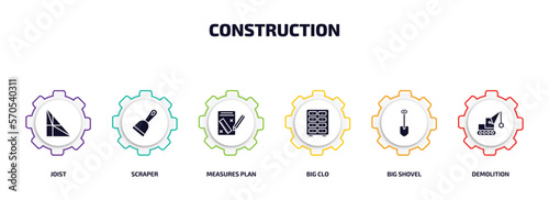 construction infographic element with filled icons and 6 step or option. construction icons such as joist, scraper, measures plan, big clo, big shovel, demolition vector.