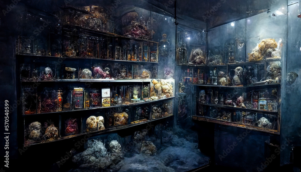 An abandoned cabinet of curiosities, filled with visual horrors: creatures, forbidden experiments and monster skeletons. Perfect images for the horrific genre. Generative AI