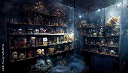 An abandoned cabinet of curiosities, filled with visual horrors: creatures, forbidden experiments and monster skeletons. Perfect images for the horrific genre. Generative AI