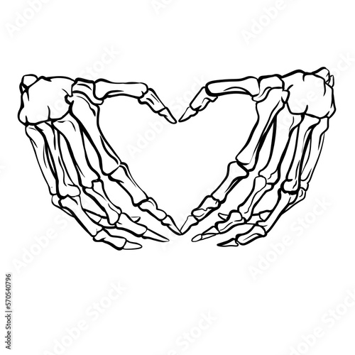 Hand gesture, skeleton hands folded in a heart, heart gesture, black and white line drawing, for t-shirt design