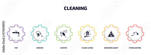 cleaning infographic element with filled icons and 6 step or option. cleaning icons such as tap, hoover, duster, clean-living, oxidizing agent, sterilization vector.