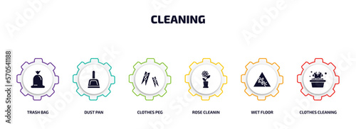 cleaning infographic element with filled icons and 6 step or option. cleaning icons such as trash bag, dust pan, clothes peg, rose cleanin, wet floor, clothes cleaning vector.