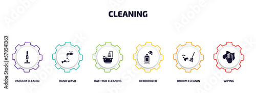 cleaning infographic element with filled icons and 6 step or option. cleaning icons such as vacuum cleanin, hand wash, bathtub cleaning, deodorizer, broom cleanin, wiping vector.