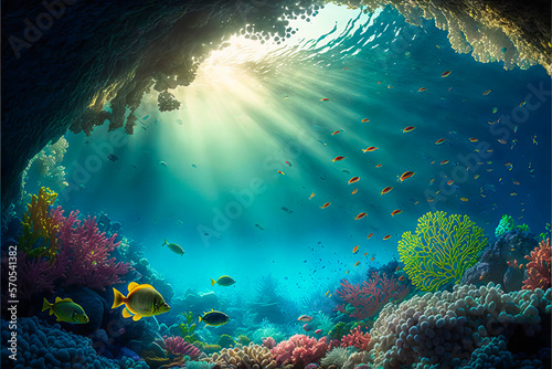 Discover this fascinating view of an exotic seabed with crystal clear water, multicolored fish swimming under the sun's rays across the ocean. Generative AI © XaMaps