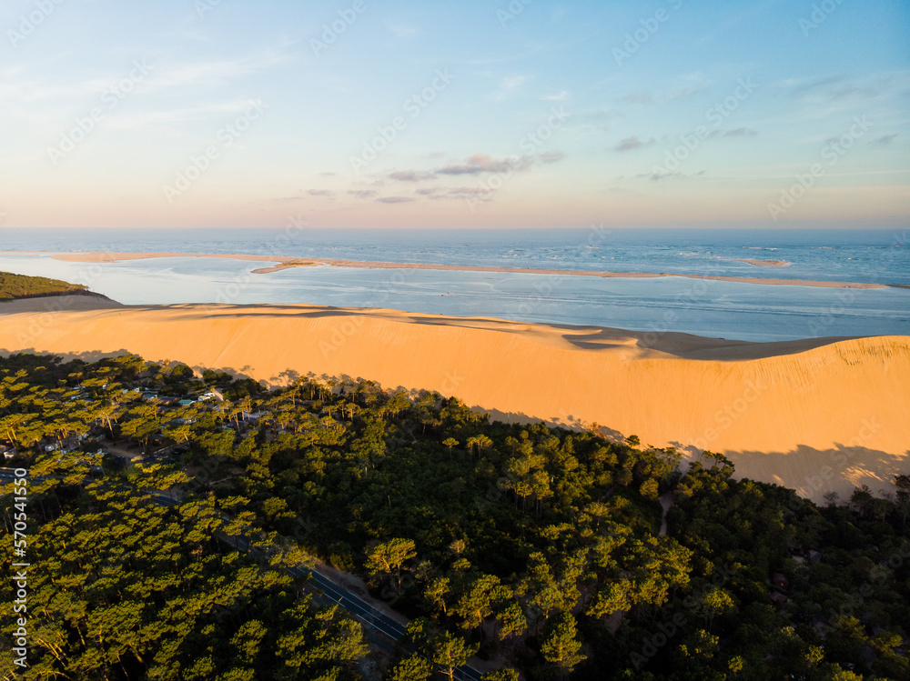 East side drone aerial view of the Dune du Pilat and the Landes pine forest in Arcachon Aquitaine France