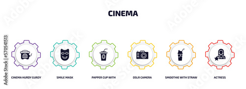 cinema infographic element with filled icons and 6 step or option. cinema icons such as cinema hurdy gurdy, smile mask, papper cup with straw, dslr camera, smoothie with straw, actress vector.