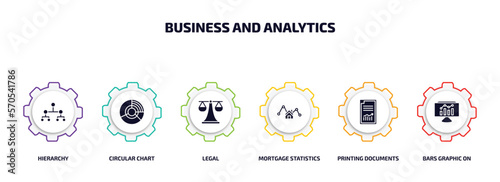 business and analytics infographic element with filled icons and 6 step or option. business and analytics icons such as hierarchy  circular chart  legal  mortgage statistics  printing documents 
