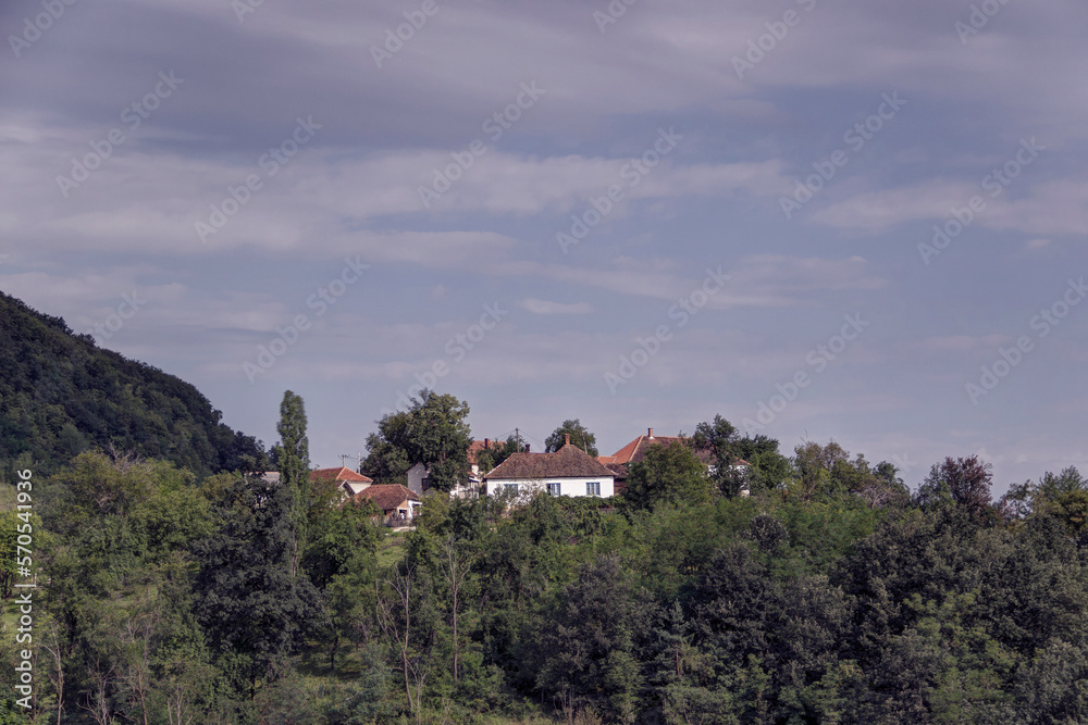 Rural household placed in the hills surrounded by thick woods