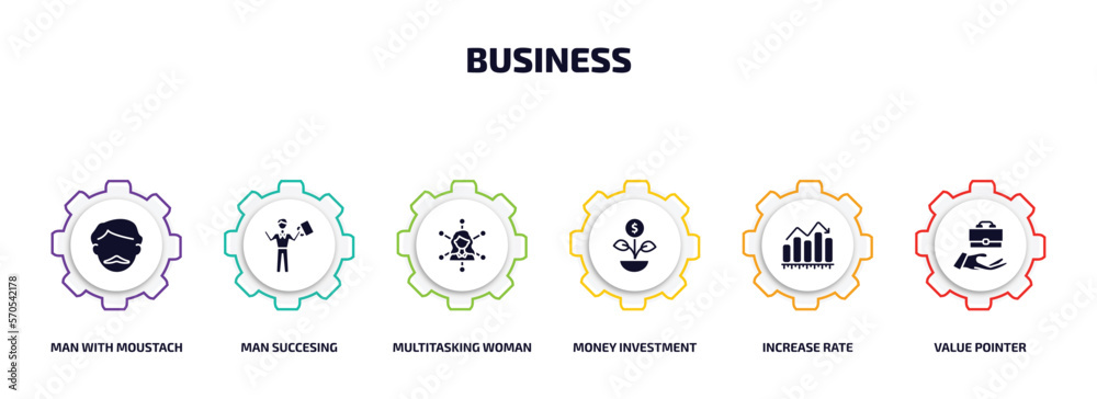 business infographic element with filled icons and 6 step or option. business icons such as man with moustach, man succesing, multitasking woman, money investment, increase rate, value pointer business infographic element with filled icons and 6 step or option. business icons such as man with moustach, man succesing, multitasking woman, money investment, increase rate, value pointer