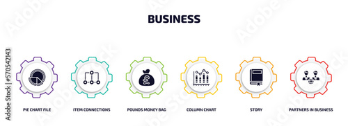 business infographic element with filled icons and 6 step or option. business icons such as pie chart file, item connections, pounds money bag, column chart, story, partners in business vector.