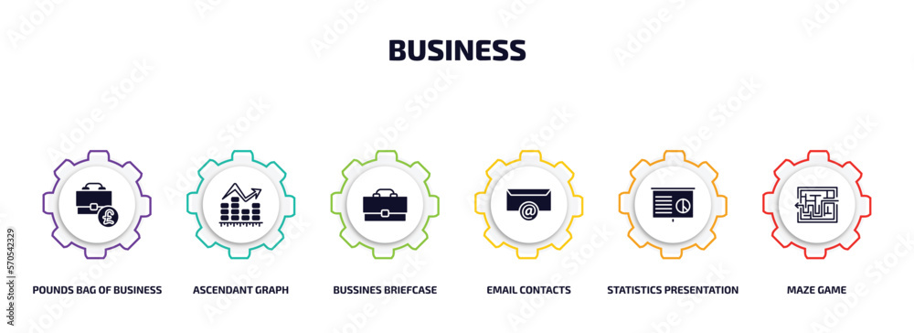 business infographic element with filled icons and 6 step or option. business icons such as pounds bag of business, ascendant graph, bussines briefcase, email contacts, statistics presentation, maze business infographic element with filled icons and 6 step or option. business icons such as pounds bag of business, ascendant graph, bussines briefcase, email contacts, statistics presentation, maze