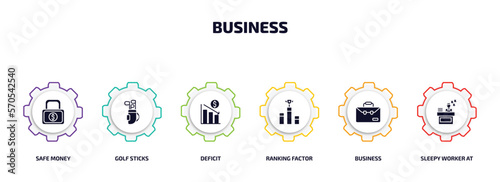 business infographic element with filled icons and 6 step or option. business icons such as safe money, golf sticks, deficit, ranking factor, business, sleepy worker at work vector.