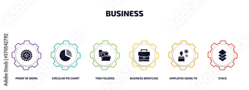 business infographic element with filled icons and 6 step or option. business icons such as proof of work, circular pie chart, two folders, business briefcase, employee going to work, stack vector.