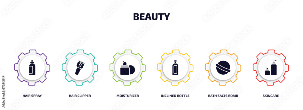 beauty infographic element with filled icons and 6 step or option. beauty icons such as hair spray, hair clipper, moisturizer, inclined bottle, bath salts bomb, skincare vector. beauty infographic element with filled icons and 6 step or option. beauty icons such as hair spray, hair clipper, moisturizer, inclined bottle, bath salts bomb, skincare vector.
