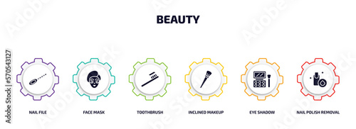 beauty infographic element with filled icons and 6 step or option. beauty icons such as nail file, face mask, toothbrush, inclined makeup brush, eye shadow, nail polish removal vector.