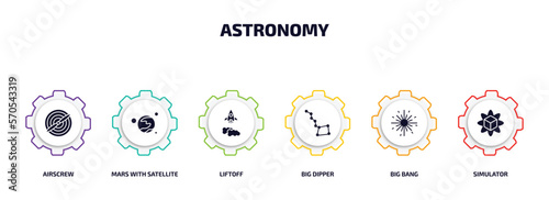 astronomy infographic element with filled icons and 6 step or option. astronomy icons such as airscrew, mars with satellite, liftoff, big dipper, big bang, simulator vector.