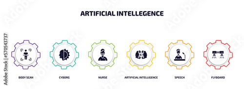 artificial intellegence infographic element with filled icons and 6 step or option. artificial intellegence icons such as body scan, cyborg, nurse, artificial intelligence, speech, flyboard vector.