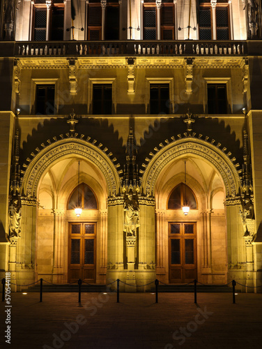 night view of a side entrance at Budapest Parliament  building