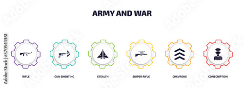 army and war infographic element with filled icons and 6 step or option. army and war icons such as rifle, gun shooting, stealth, sniper rifle, chevrons, conscription vector.