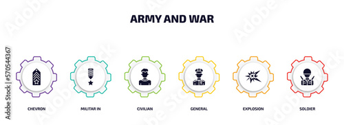 army and war infographic element with filled icons and 6 step or option. army and war icons such as chevron, militar in, civilian, general, explosion, soldier vector.