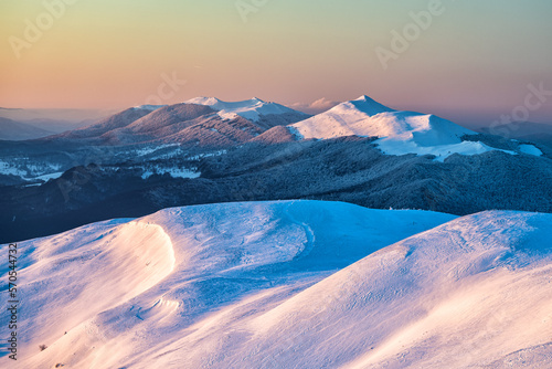 Winter mountain landscape. Bieszczady National Park, Carpathians, Poland.