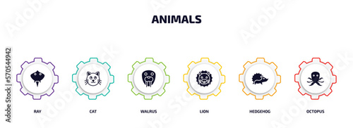 animals infographic element with filled icons and 6 step or option. animals icons such as ray, cat, walrus, lion, hedgehog, octopus vector.
