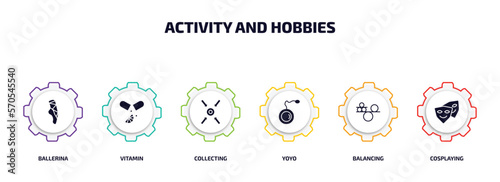 activity and hobbies infographic element with filled icons and 6 step or option. activity and hobbies icons such as ballerina, vitamin, collecting, yoyo, balancing, cosplaying vector.