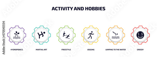 activity and hobbies infographic element with filled icons and 6 step or option. activity and hobbies icons such as hydroponics, martial art, freestyle, jogging, jumping to the water, greedy vector.