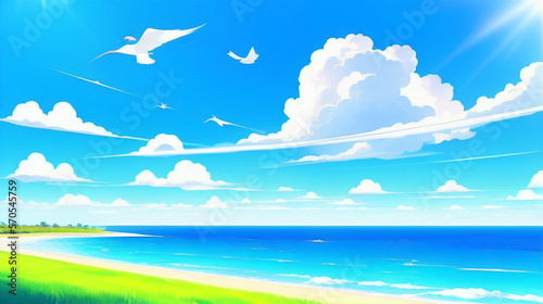アニメ調の空の背景　流れる雲と清涼感　Anime-style sky background Flowing clouds and refreshing feeling