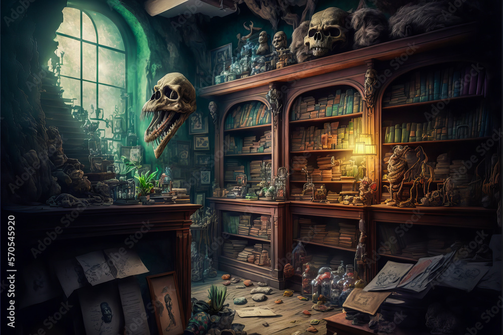 Fascinating abandoned cabinet of curiosities, horrifying creatures, monster bones and subjects of forbidden experiments for an eerie and inspiring atmosphere. Generative AI