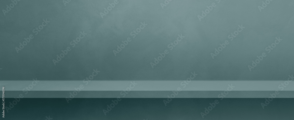 Empty shelf on a blue grey concrete wall. Background template. Horizontal banner mockup Empty shelf on a blue grey concrete wall. Background template. Horizontal banner mockup