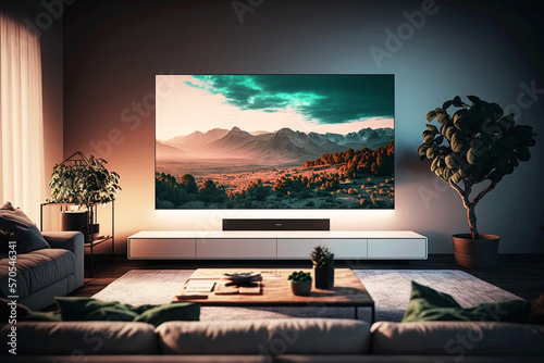 Modern living room with big tv screen. Generative ai. photo