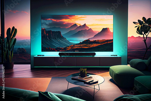 Colorful living room with big tv screen. Generative ai.