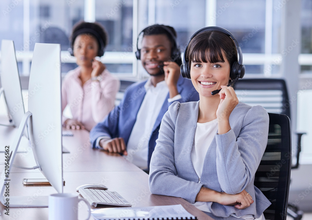 People, call center and portrait smile for telemarketing, customer support or service at the office. Group of consultants smiling with headset in CRM agency for online advice or help in contact us People, call center and portrait smile for telemarketing, customer support or service at the office. Group of consultants smiling with headset in CRM agency for online advice or help in contact us